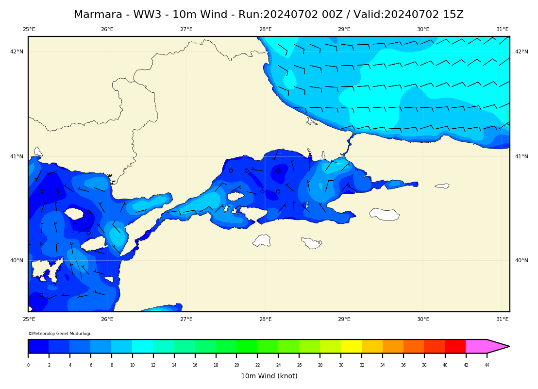 ww3 Harita: 10 m. Wind Direction and Speed