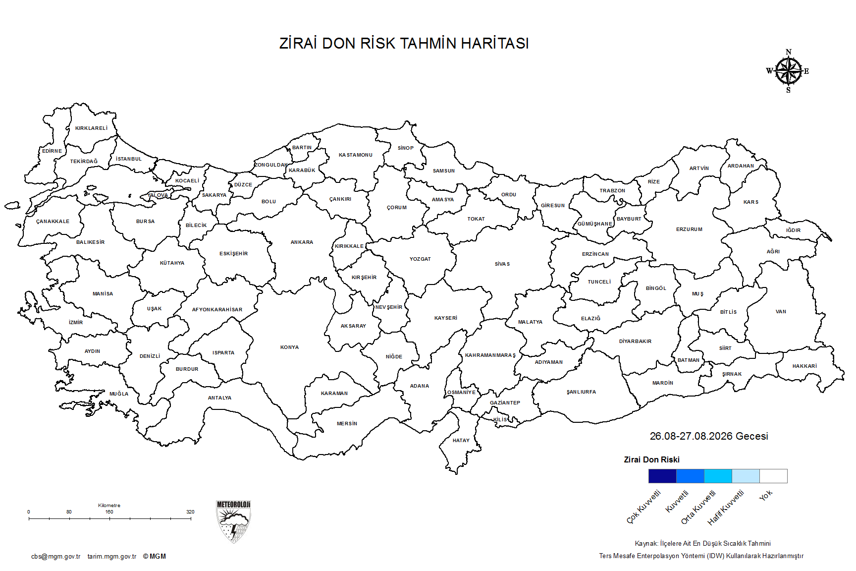 27 Ağustos 2026 tarihli zirai don uyarı haritası