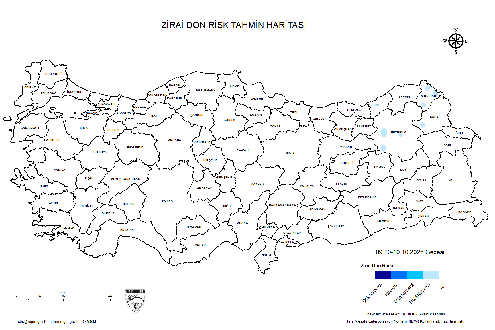 10 Ekim 2026 tarihli zirai don uyarı haritası